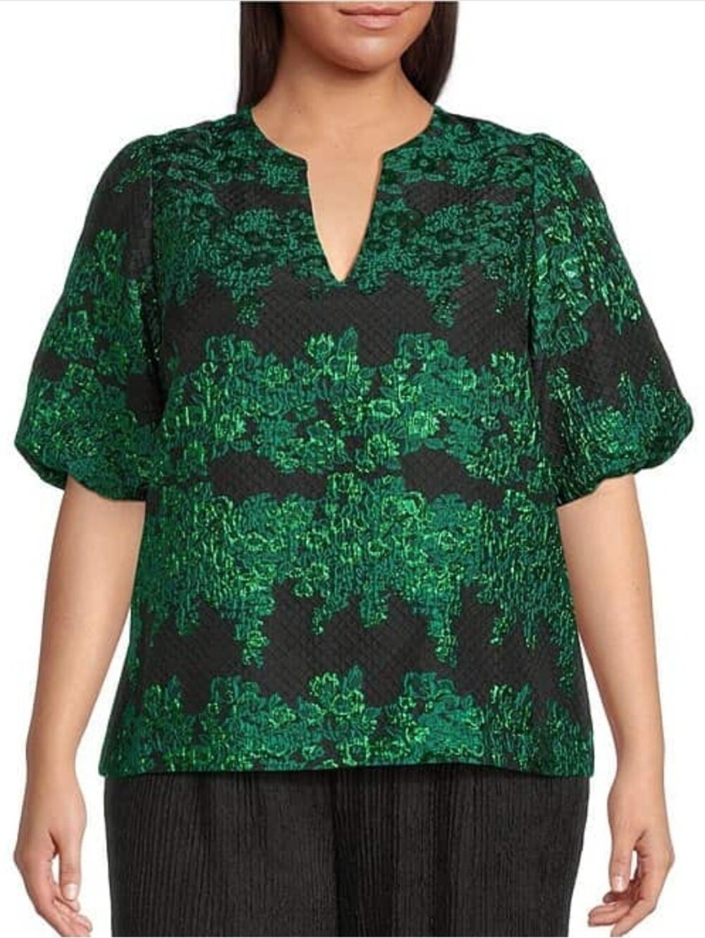 Sugarlips Elyna Floral Jacquard Alena Split V-Neck Puff Sleeves Pullover Top 3X